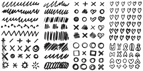 Collection of hand drawn scribble lines hearts x o shapes and geometric elements