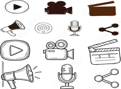 Hand drawn collection of video production and media icons.
