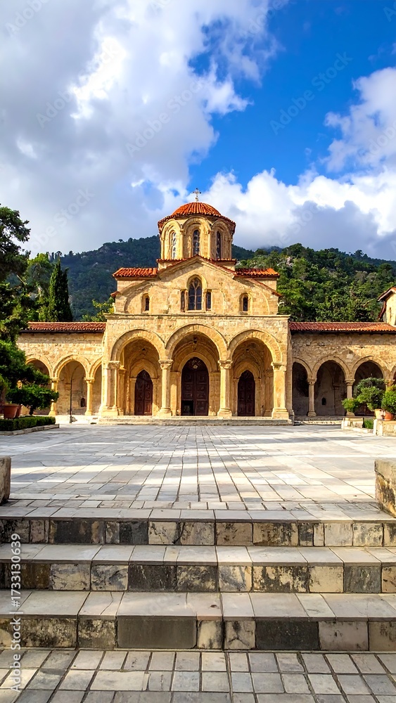 Obraz premium Exterior of a serene monastery. Sunlight bathes the building