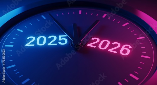 Clock face showing the time moving from 2025 to 2026 in a conceptual image.