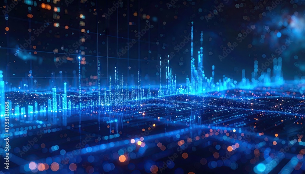 Obraz premium Abstract Blue Geometric Digital Landscape with Glowing Particles and Lines Representing Technological Data and Information Visualization in a Dark Environment