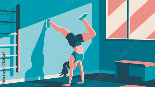 Illustration Of A Woman In Sportswear, Doing A Handstand In A Gym Studio Vector Design Template