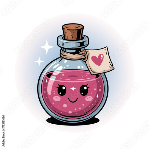 Sparkling love potion bottle, pink elixir, cork stopper with heart tag, glass shape, romantic magic vibe, vector design