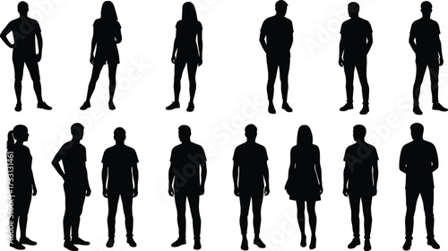 Silhouettes of diverse men and women group, casual people standing poses, modern lifestyle human figures, isolated character shadow illustration design collection