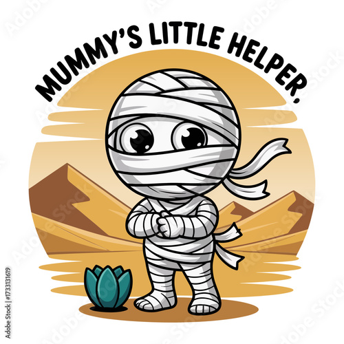 Mummys little helper design, smiling bandaged child, desert dunes, lotus accent, friendly Halloween theme, adorable spooky cartoon vector