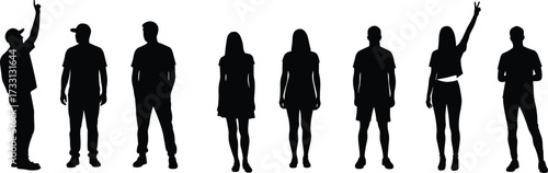 Silhouettes of diverse people standing, men and women casual poses, raising hand, pointing, fashion, lifestyle, teamwork, communication, modern groupSilhouettes of diverse people standing, men 