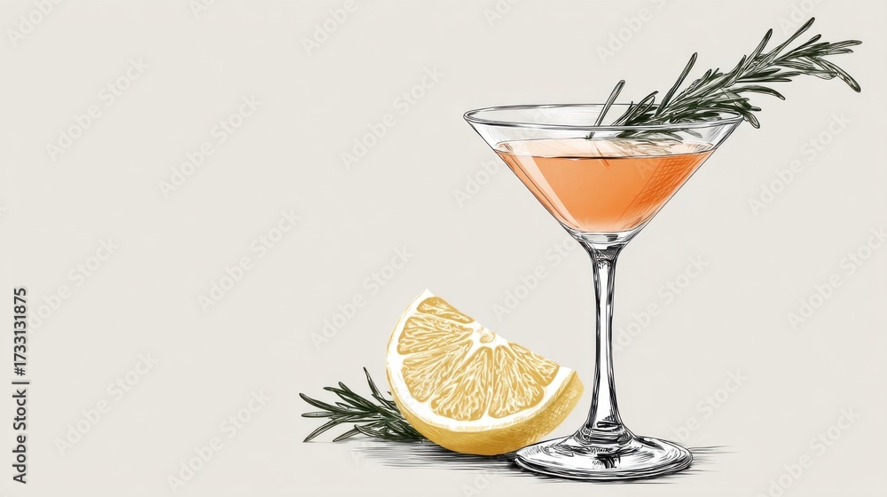 Fototapeta premium Elegant cocktail with lemon slice and fresh rosemary garnish
