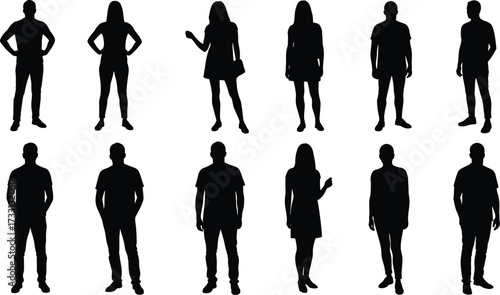 Silhouettes of men and women standing, diverse people group poses, casual lifestyle, shadow human figures, isolated character illustration design collectionSilhouettes of men and women standing, 