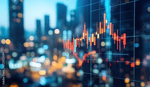 Financial data overlaid on cityscape at night
