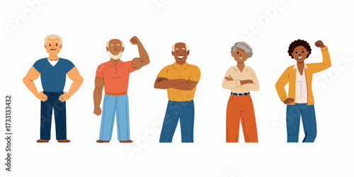 Diverse group of confident and strong senior adults standing together with pride and determination