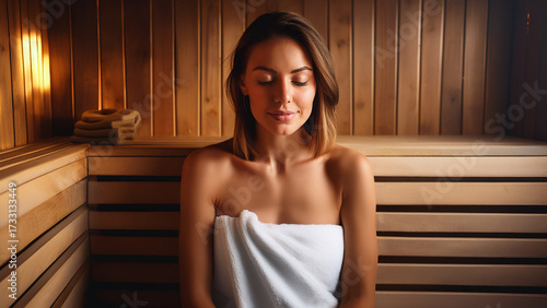 A woman wrapped in a white towel sitting inside a wooden sauna, soft warm glow from heated stones, steam rising gently, serene and meditative expression, cinematic close-up, rich warm tones with glowi