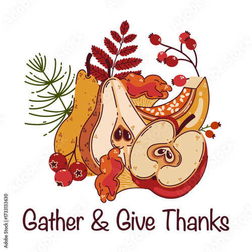 Crop vector illustration. Ripe apple, pear, garden fruits and berries. A piece of pumpkin, chanterelle mushrooms, autumn leaves. Farm product, local vegetables. For Thanksgiving, seasonal harvest fair