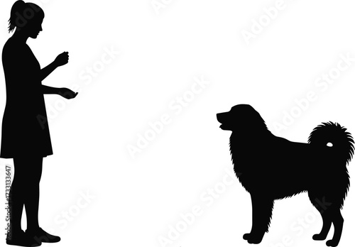 Dog training silhouette, woman with pet, animal obedience vector, black outline artwork, canine graphic design, domestic dog illustration, pet owner interaction