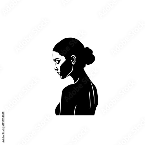 silhouette of a woman sideprofile in a bun, black and white