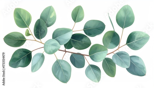 Digital illustration of eucalyptus leaves in varying shades of green and blue, on white