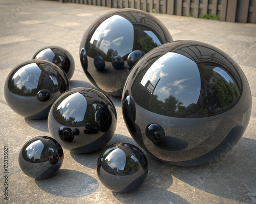 Glossy black spheres. 3D model bubble collection realistic black balls with smooth surfaces and shadows. Ideal for backgrounds mockup object modern design. Vector illustration dark shiny plastic ... S