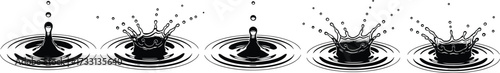 Black water droplet splash sequence illustration, ripple effect silhouettes, abstract liquid motion design for backgrounds, hygiene concepts, nature graphics, and decorative elements usage themes