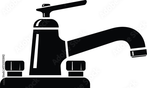 Black faucet silhouette vector illustration, modern plumbing fixture design for kitchen or bathroom sink, isolated water tap icon, household utility, decoration graphic.
