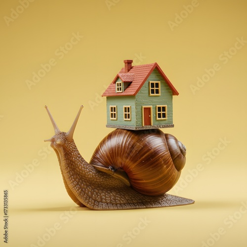 A snail slowly carries a miniature model house on its shell, symbolizing the slow process of buying a home, mortgage payments, or the concept of a mobile home