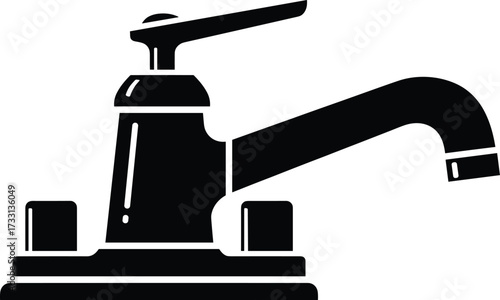 Modern faucet silhouette vector illustration, black plumbing fixture design for kitchen or bathroom sink, isolated water tap icon, home utility decoration graphic.