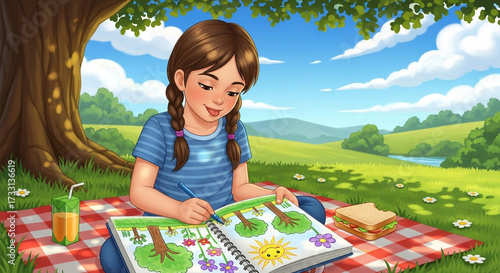 A little girl is drawing in her notebook while sitting on a picnic blanket under a tree on a sunny day in the park