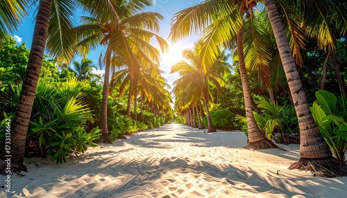 Fototapeta Naklejka Na Ścianę i Meble -  Sunlit pathway of palm trees on a sandy beach, leading into a bright, clear sky
