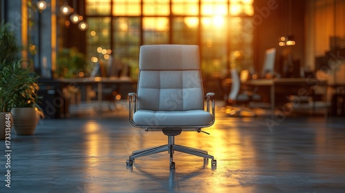 Executive Chair Sits Alone in Modern Office Space During Golden Hour Light