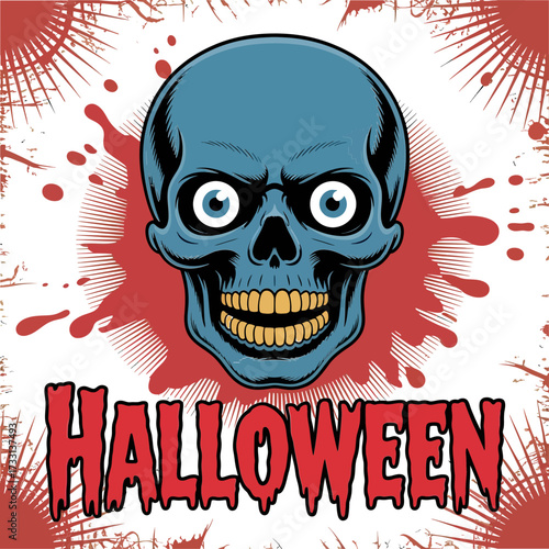 blue skull artwork, blood splatter backdrop, bold halloween lettering, horror poster vibe, spooky festival graphic, vector design