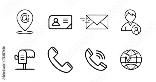 Business card icon set with contact information, name, address, phone, email, website, location, and communication symbols, modern flat style 