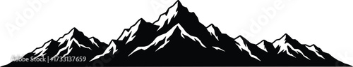 Snowy mountain silhouette illustration, high alpine range peaks, natural wilderness landscape, outdoor adventure scene, rocky summit vector design, scenic travel background