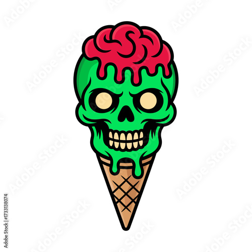 zombie skull cone, red brain syrup dripping, creepy dessert concept, pop art colors, edgy halloween design, vector illustration