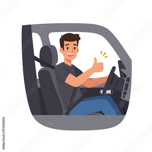 Happy Man Driving Car Giving Thumbs Up for Approval and Success