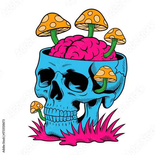 blue skull with mushrooms, brain garden concept, psychedelic colors, surreal fantasy artwork, counterculture vibe, bold vector illustration