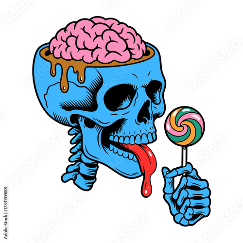 zombie skull with open brain, licking colorful lollipop, dripping drool, spooky candy theme, playful horror cartoon vector