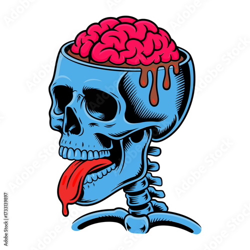 blue skeleton head with melting brain, extended tongue, eerie profile view, dark horror vibe, expressive halloween vector