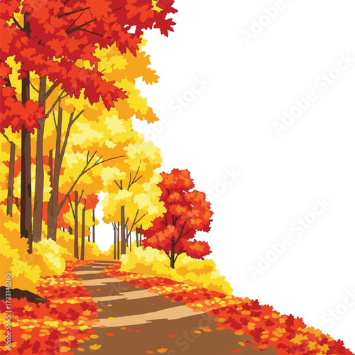 Vibrant autumn scene with a winding road through a forest of colorful trees with fallen leaves on a sunny day with warm orange and red tones.