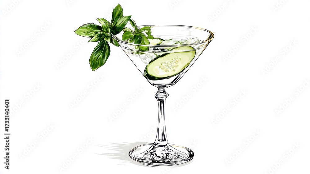 Obraz premium Refreshing Cucumber Basil Cocktail in Elegant Martini Glass