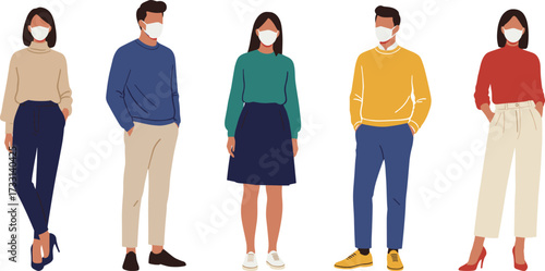 Vector illustration of diverse young people wearing protective face masks, modern fashion clothing, workplace safety, healthcare concept, teamwork, 