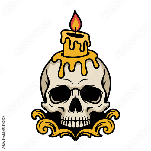 skull with melting candle, golden wax drips, decorative base scrolls, gothic altar vibe, spooky emblem, vector illustration
