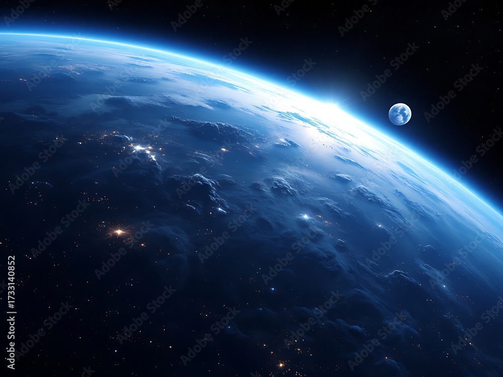 Obraz premium Ultra detailed cosmic photograph of Earth horizon and full moon with a glowing atmosphere edge