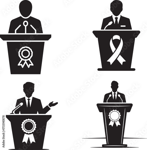 Public Speaker Silhouette at Podium with Ribbon Icons