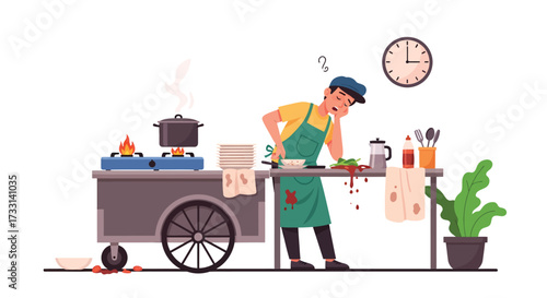 Exhausted Chef at Food Cart with Sauce Spill and Question Mark.