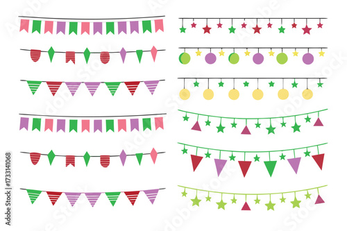 Multicolored Buntings Garlands PNG Transparent Background Decorative Flags for Greeting Cards and Invitation Designs Vector Illustration 