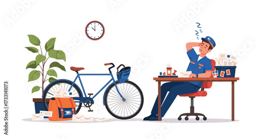 Exhausted Postal Worker Napping at Desk with Mail Bike and Clock.
