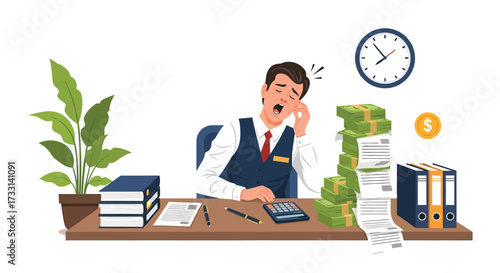 Exhausted Accountant Yawning at Desk with Money Clock and Financial Documents.