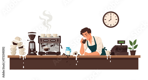 Barista enjoying a coffee at the counter with espresso machine and cash register.