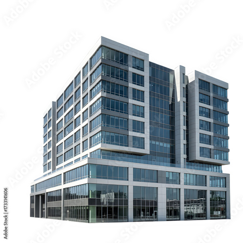 Wallpaper Mural A modern multi-story office building with a glass facade, isolated on a white background Torontodigital.ca