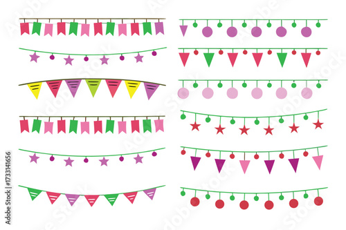 Multicolored Buntings Garlands PNG Transparent Background Decorative Flags for Greeting Cards and Invitation Designs Vector Illustration 