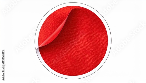 A red circular sticker with the corner peeling back, set against a white background