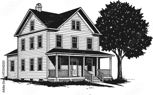 Vintage farmhouse illustration, rustic country home drawing, black and white traditional architecture, old house with tree, rural lifestyle design